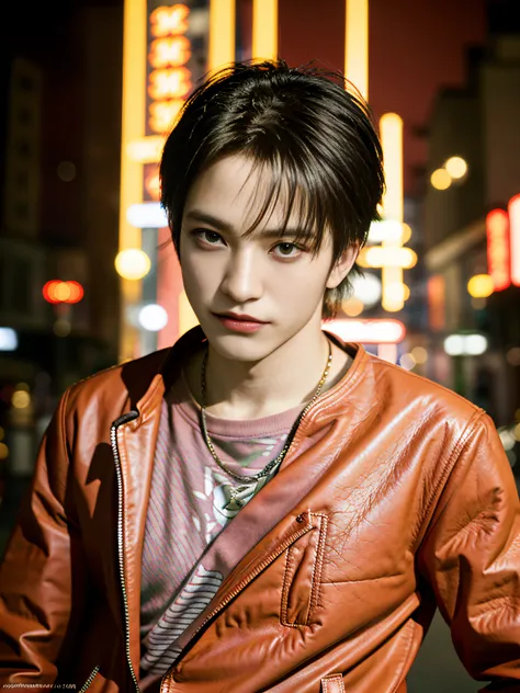 King of Fighters, Kyo Kusanagi, close-up of a man with black hair, red leather jacket looking sideways, city at night, movie blue lights, chiaroscuro, 8K, original, HD, stunning masterpiece, threatening smile, cute personality, thin, muscular man, textured...