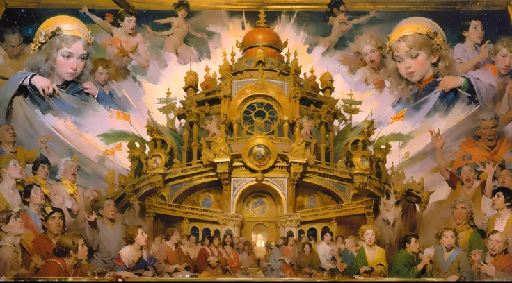 A fantastical war mural from the European Renaissance,The following elements may be included: Background with:The background of the mural may be a fantasy world,There are various mysterious creatures and buildings。There may be bizarre clouds and stars in t...