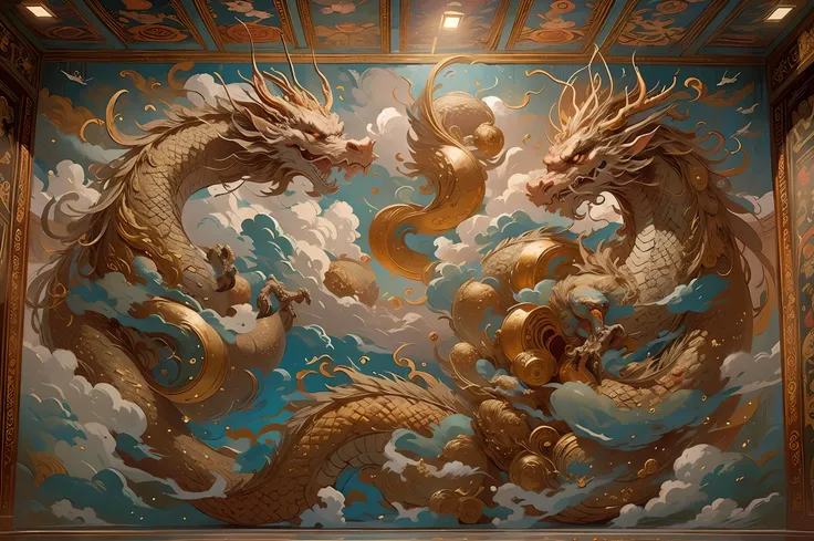 A mural depicting a dragon,Auspicious clouds,Intricate patterns,Majestic atmosphere,Panorama Figures,ancient scrolls,Rich colors,Detailed composition,Canon EOS R5 camera,Fujifilm Pro 400H film,张艺谋 in the mood of,Chen Kaige,Wong Kar-wai,Alexander McQueen,GU...