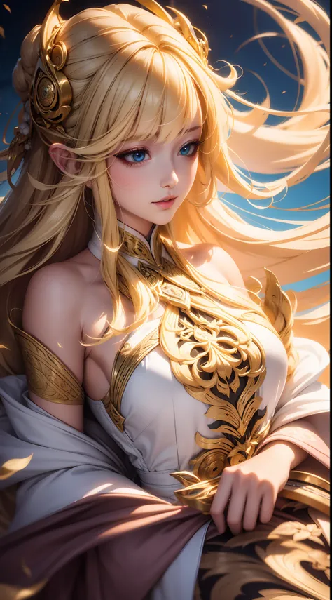 blond hairbl,Royal sister,jofficialart,unity8kwallpaper,ultradetailed,beautifulandaesthetic,masterpiece,bestquality,(zentangle,mandala,tangle,entangle),(fractalart:1.3),(1girl:1.1),extremelydetailed,dynamicangle,cowboyshot,themostbeautifulformofchaos,elega...