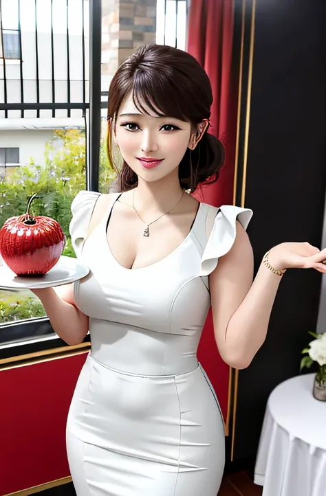 there is a house in youzi，inside the house there was a beautiful woman holding a plate full of fresh fruit