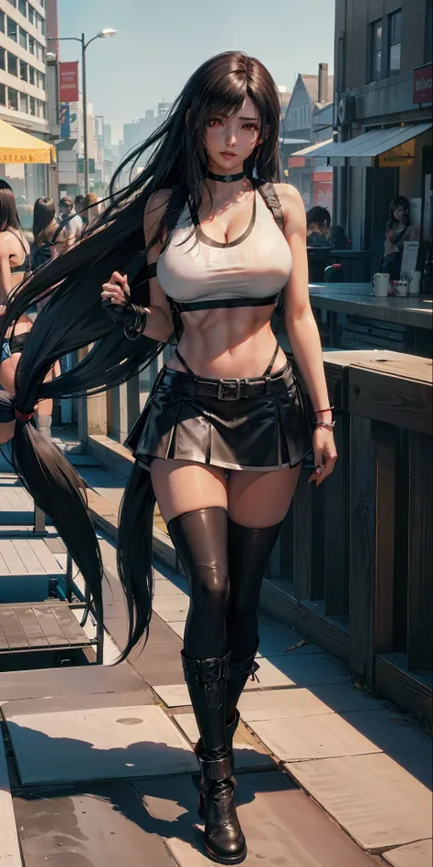 masterpiece, best quality,3d rending work ,3DMM style,close-up, 3D,1girl, solo, black hair, teardropshaped earrings, realistic, (full body:1.5), urban city background, bangs, long straight black hair, parted lips, choker, makeup, (white sports bra:1.5), (r...