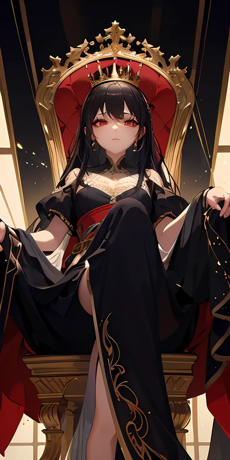 anime - style image of a woman in a black dress sitting on a throne, in dark robes with gold accents, ((a beautiful fantasy empr...