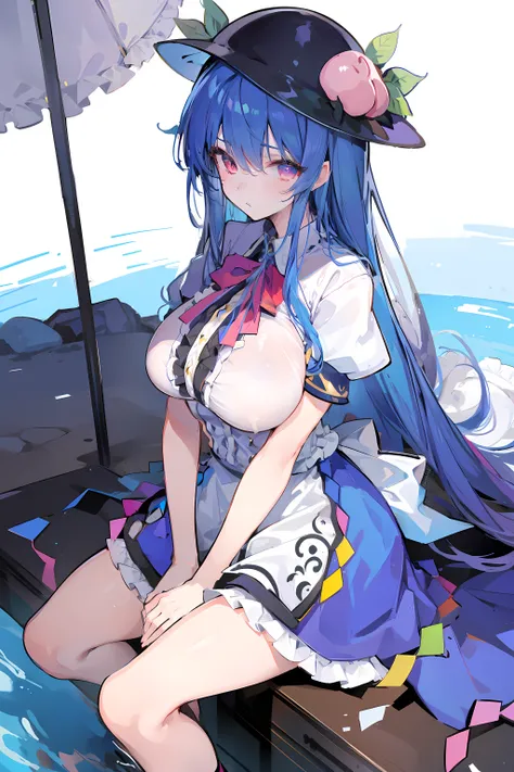 (masterpiece),best quality, expressive eyes, perfect face, 1girl,
big breast, H-cup, good breast, hands on waist,beautiful, gorgeous,anime,girl,lora,hinanawi tenshi, blue hair, blue haired,tent boobs, tent chest, tent breast, floating clothes,w sitting, w ...