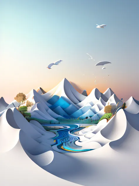 traditional chinese landscape painting, paper creation, 3d stereoscopic rendering, color gradient from white to light blue, 4k r...