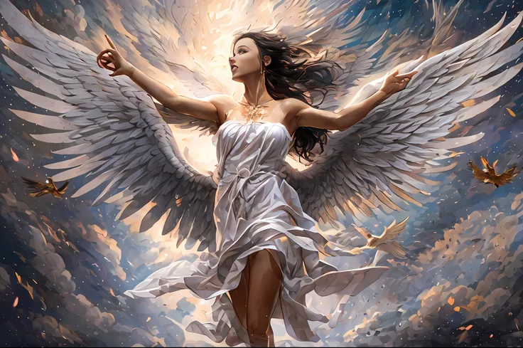 there is a woman that is flying in the air with a bird, female ascending into the sky, flying angels, with wings, spreading her ...