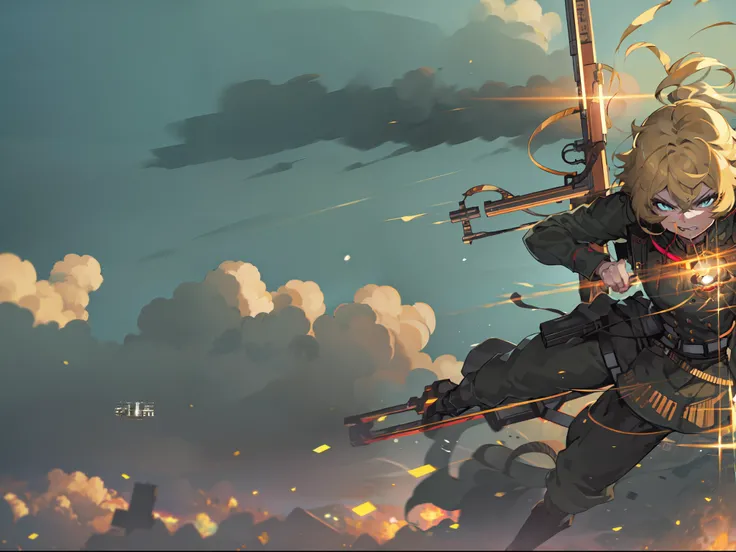 Tanya_degurechaff, Military armor, guns, with cannons behind, cloudy skies, badass, ((4k, masterpiece, high quality, detailed quality))