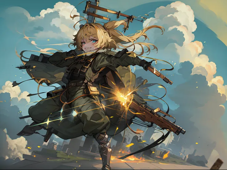Tanya_degurechaff, Military armor, guns, with cannons behind, cloudy skies, badass, ((4k, masterpiece, high quality, detailed quality))