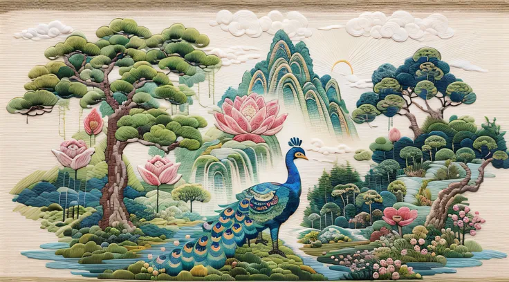 （cross-stitch landscape，embroidered landscape），antique game scene design，peacock，lotuses，a blue sky，white cloud，chinese landscap...