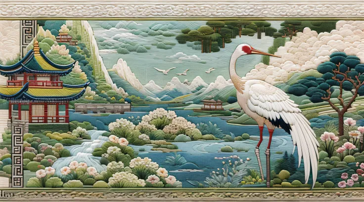 （cross-stitch landscape，embroidered landscape），antique game scene design，white crane，lotuses，waterfallr，a blue sky，white cloud，c...