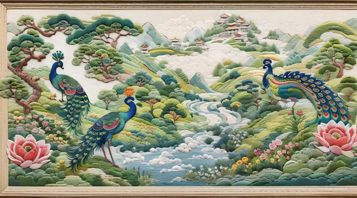 （cross-stitch landscape，embroidered landscape），antique game scene design，peacock，lotuses，a blue sky，white cloud，chinese landscap...