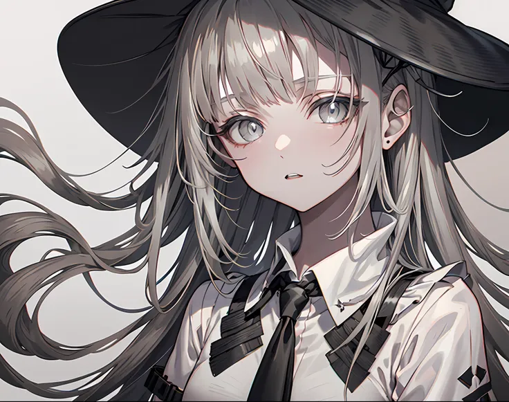 【Highest Quality, masutepiece】 [girl, Manteau, expressioness, Gray eyes, front facing, long hair, suits, Upper body] (Gray white background:1.7), black necktie, silk hat, sexy facial expression, beautiful eyes