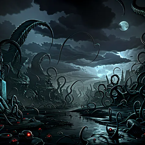 madness evil landscape. tentacles rising from the abyss, polluted river, macabre cemetery, bloody moon, unreal engine, uhd sketc...