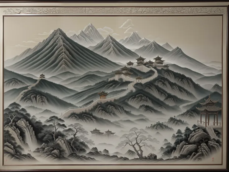 "an enchanting black and white ancient mural showcasing a harmonious tale of nature, mountain, and humanity, beautifully carved ...