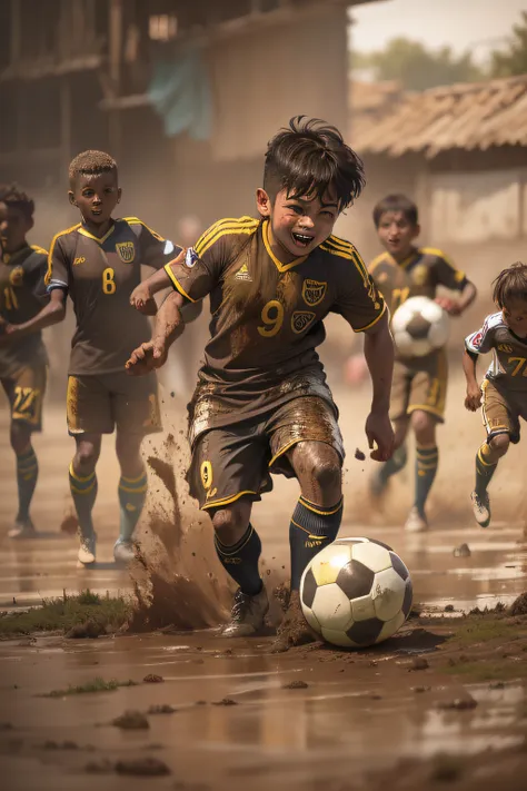 children playing soccer on a muddy wet field, divirta-se, photoso ultra realista, footbal, goal visualization perspective, visua...