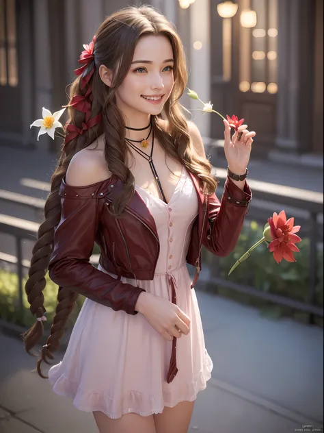 (masterpiece, best quality:1.4), (future days), (standind:1.2), (happy smile:1.5), (offering a flower to the viewer:1.5), (1girl), solo, (european youth:1), aerith gainsborough, choker, cropped jacket, hair bow, bracelet, pink dress, brown boots, very long...