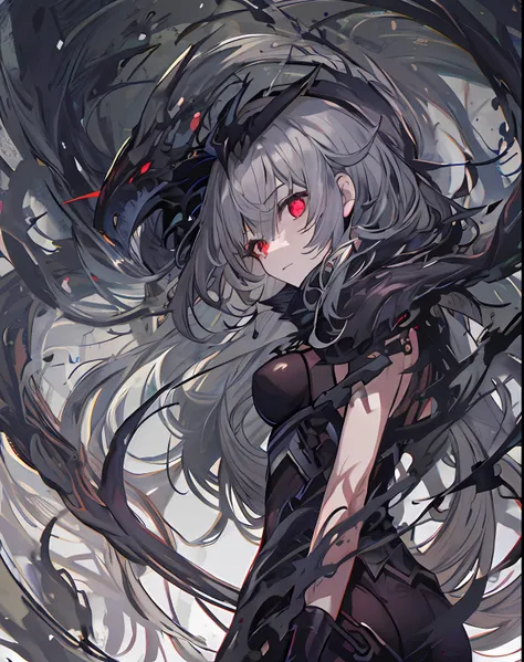 one-girl，solo，tmasterpiece，best quality at best，gray hair，gray hair，gray hair，red eyes，blackened，darkly，scyscraper，cel shadow，vi...