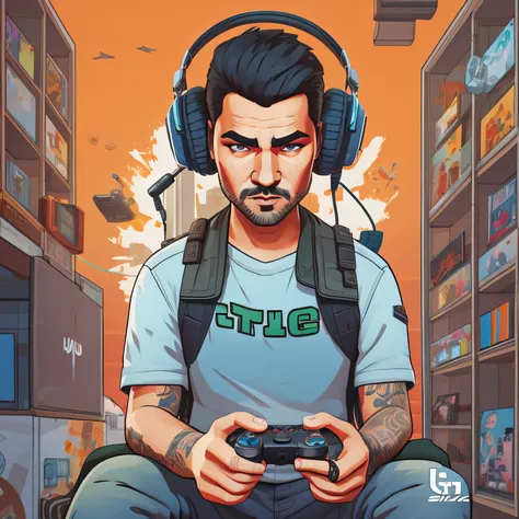 desenho animado de um homem com fones de ouvido jogando um videogame, avatar de videogame, epic portrait illustration, fanart de...