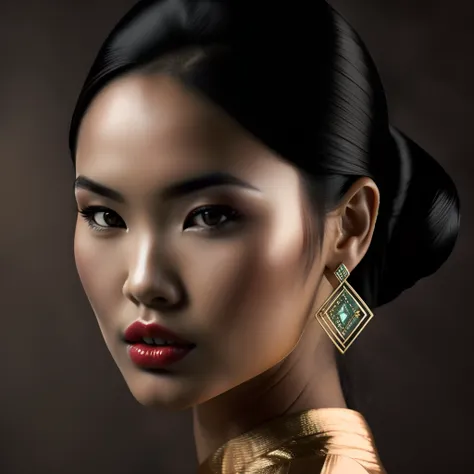 modelshoot style, raw photo,1girl, 3d, asian, black_hair, blurry, brown_background, earrings, forehead, jewelry, lips, looking_a...