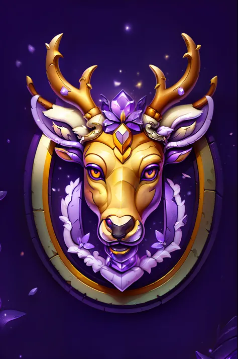 1 deer head icon chic large antlers decorated with petals, silver decoration, art deco elements, dark background, purple eyes cr...