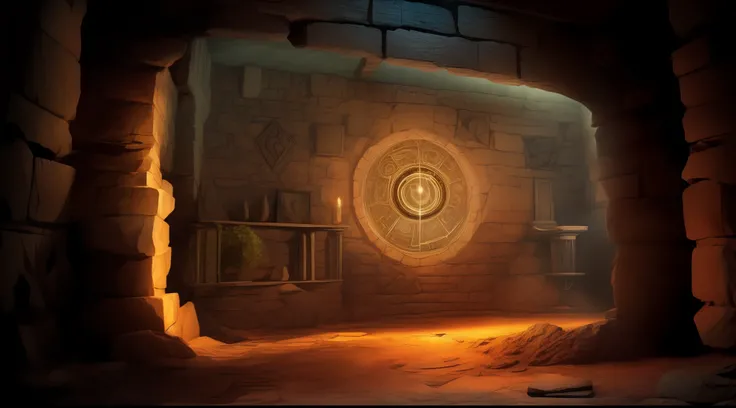 An aged and cracked stone tablet discovered in a dark and eerie underground chamber, illuminated only by the soft glow of mystical symbols floating in the air, surrounded by ancient writings and artifacts, evoking a sense of magic and ancient power, Artwor...