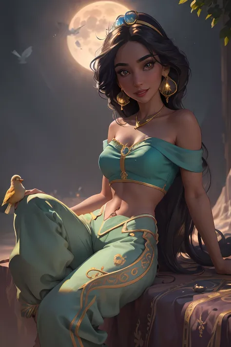 jasmine 1girl, solo, looking at viewer, smile, shirt, bare shoulders, jewelry, sitting, full body, flower, earrings, pants, off shoulder, crop top, makeup, bird, border, moon, full moon, off-shoulder shirt (realistic:1.2), (realism), (masterpiece:1.2), (b...