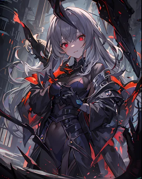 one-girl，solo，tmasterpiece，best quality at best，gray hair，red eyes，darkly，scyscraper，cel shadow，villain，sneering，overlooking，bla...