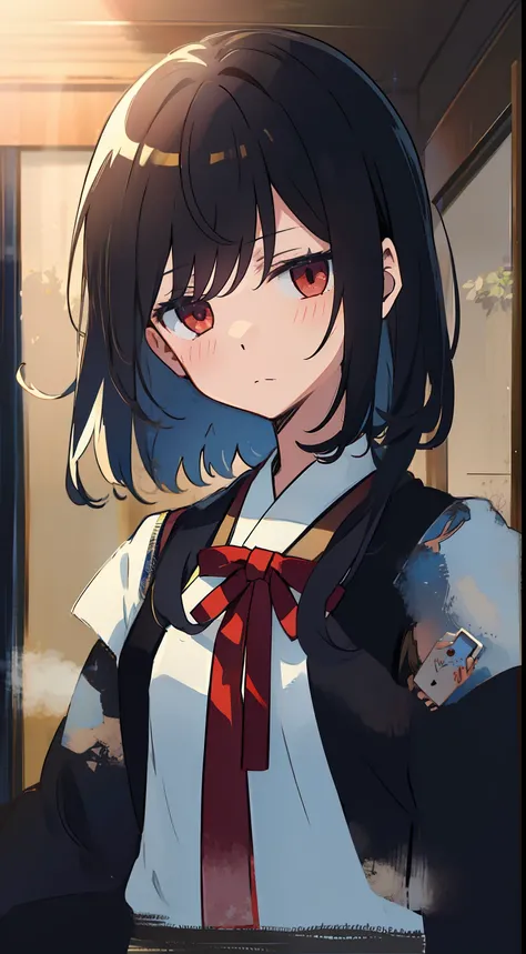 Jitome、One girl、Shoku、Straight face、​masterpiece、Top image quality、top-quality、A dark-haired、Medium Hair、Sigh、Lifeless eyes、dark backgrounds、校服