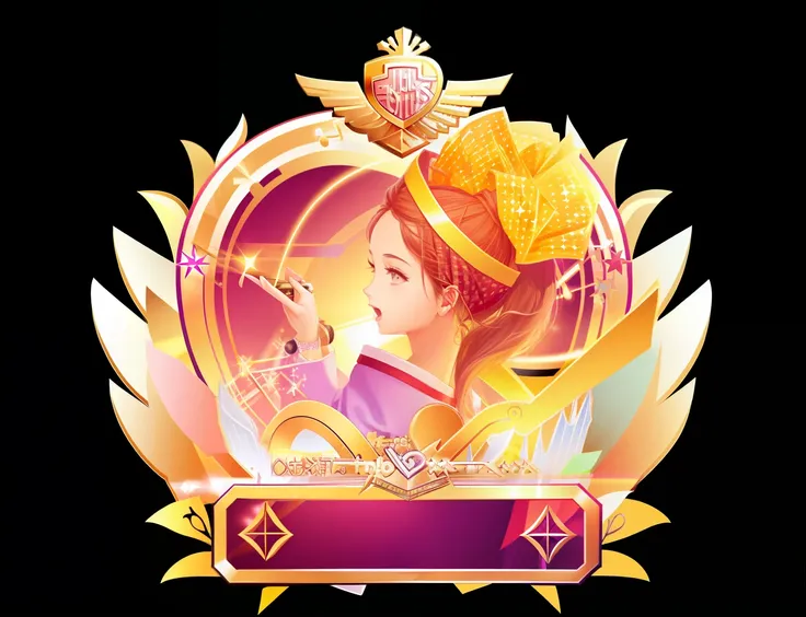 Close-up of singing girl with microphone in hand with ribbon and banner, Official artwork, Musical performance, singing for you, emblem, pictogram, kda, Soul singer, Album art, background artwork, dazzling gem in the hilt, shield emblem, Dance music perfor...