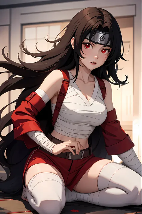 nar_kurenai_yuhi,forehead protector,bandages, full body,red eyes, wariza