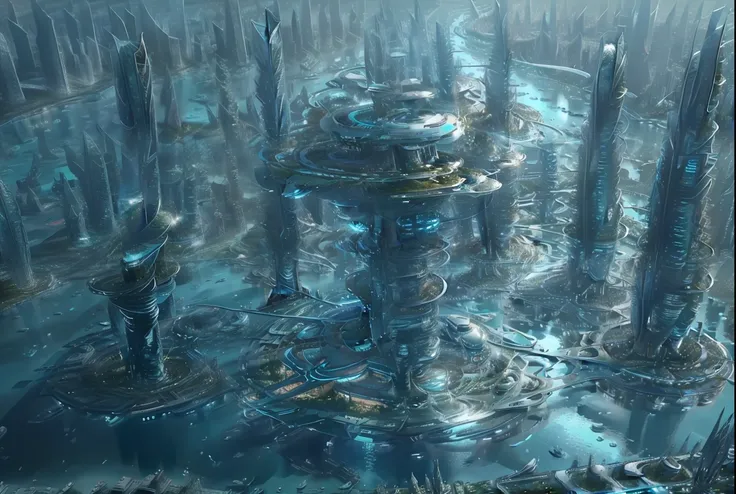 modern futuristic design large underwater city, futuristic underwater cityscape, a artificial waterfall and a pond with colorful...