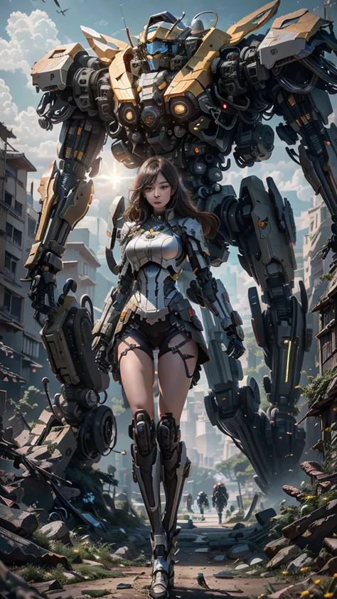 ((best quality)), ((masterpiece)), (very detailed:1.3), 3d, shitu-mecha, beautiful cyberpunk woman with her black mech in the ru...