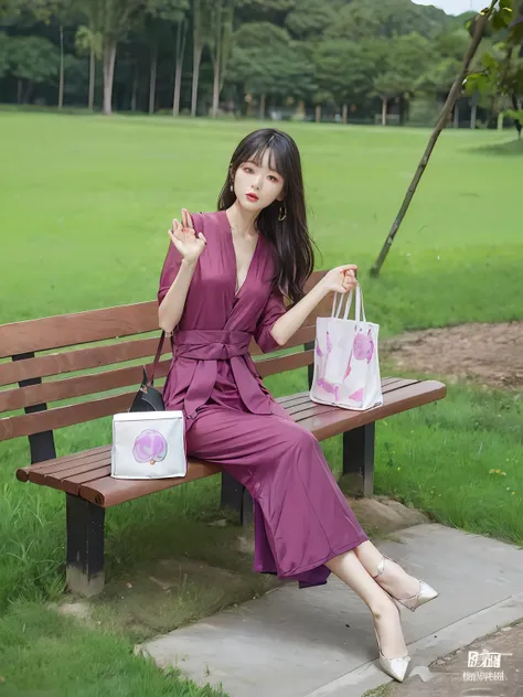 the arapei woman sat on a bench，holding bag and phone, red jumpsuit, gorgeous lady, open v chest clothes, korean women's fashion...