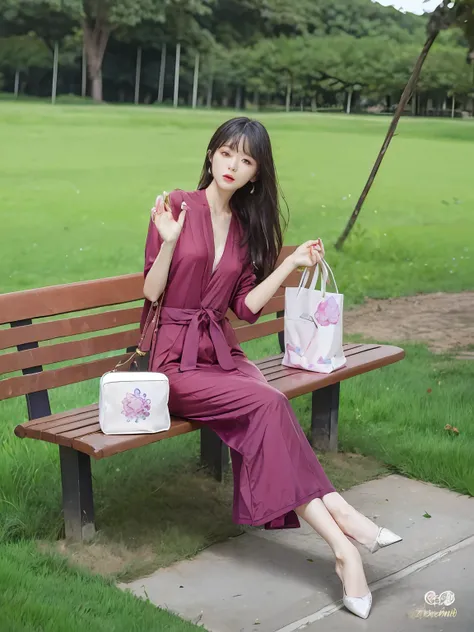 the arapei woman sat on a bench，holding bag and phone, red jumpsuit, gorgeous lady, open v chest clothes, korean women's fashion...