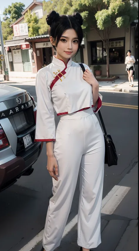 tenten from anime naruto, white chinese dress, black hair, hair tie, black pants, beautiful, beautiful woman, perfect body, full body, standing, slightly smiling, looking at the viewer