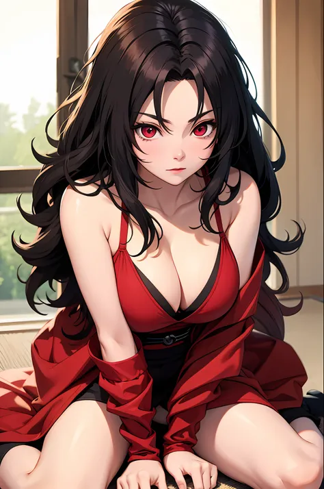 nar_kurenai_yuhi，forehead protection，bandagens，full bodyesbian，red eyes，wariza，off-the-shoulder attire，cleavage，little breast