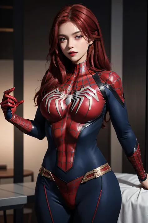 best qualtiy,GameCG,1girll,Bigchest,tmasterpiece,best qualtiy,8K,detailed skin textures,Detailed cloth texture,beautifull detailed face,Complicated details,the ultra-detailed,spiderman uniform,Straight red hair,