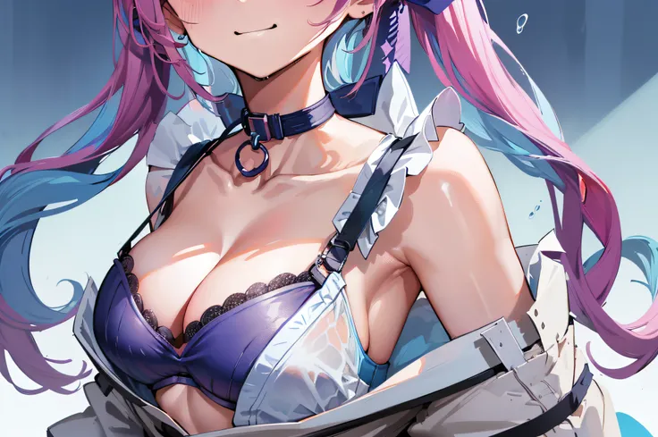 (master piece), (best quality), ((1girl)), ((solo)), ((1 panel)), ((minato aqua:1.3, hololive)), ((height 148cm)), ((weight 44.5kg)), long hair, multicolored hair, twintails, colored inner hair, purple eyes, anchor symbol, blue hair, two-tone hair, braid, ...