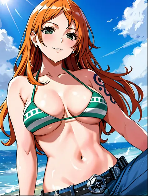 detailed background, masterpiece, 4k, epic, best quality, late youth, adult, milf, athlete body, 1girl, active, energic, ((wide open mouth, smile, lying on the ground, fully lying down, open eyes, hands spread sideway)) , solo, nami (one piece), 1girl, ban...