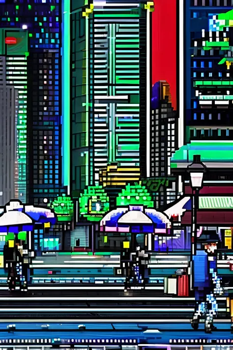 the bustling streets of tokyo at night, rain pouring down in shimmering pixelated droplets, a vivid cityscape with neon lights a...