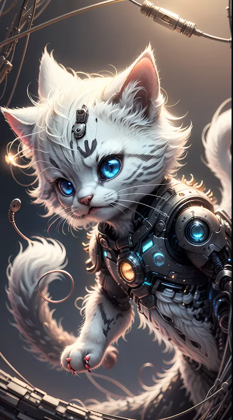 a cute metallic white fur kitten，(cyborg:1.1)，([tail|detailed wire]:1.3)，(complexdetails)，hdr，(complexdetails，ultra - detailed:1...