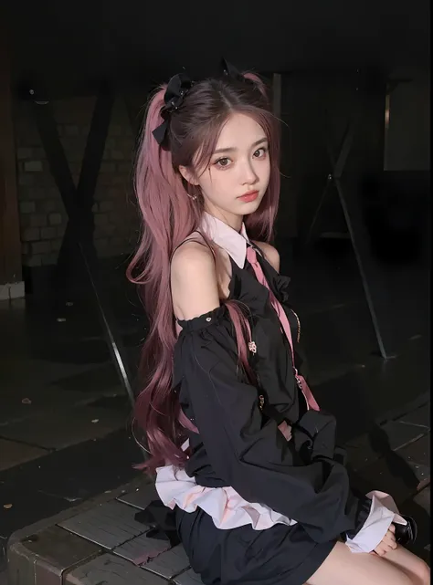 arabi girl sitting on a brick wall，long pink  hair, ulzzangs, 1 7 - year - old anime goth girl, rena nounen style 3/4, with long...