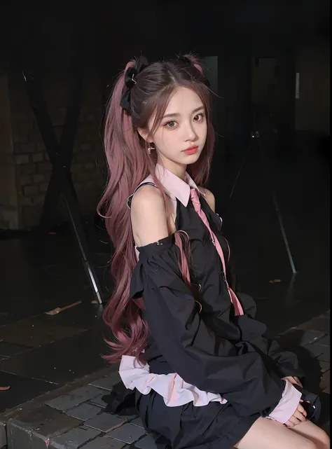 arabi girl sitting on a brick wall，long pink  hair, ulzzangs, 1 7 - year - old anime goth girl, rena nounen style 3/4, with long...