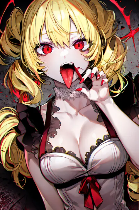 red eyes, tongue out, finger nails, colored skin, zombie pose, jiangshit, catherinevg, 1girll