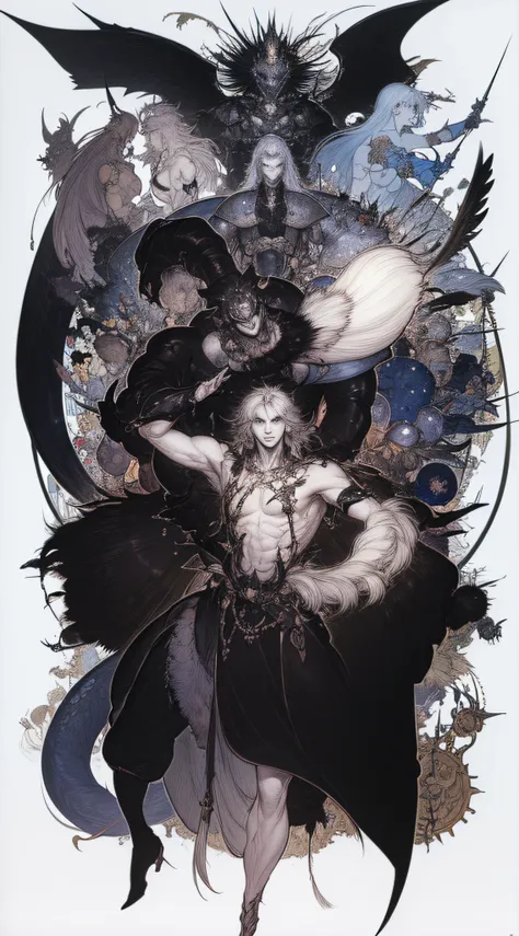 devil 1、(((black giant)))、white background、accessorized、line-drawing、pale color、black armor、iron mask、fantastical、alfonse mucha、...