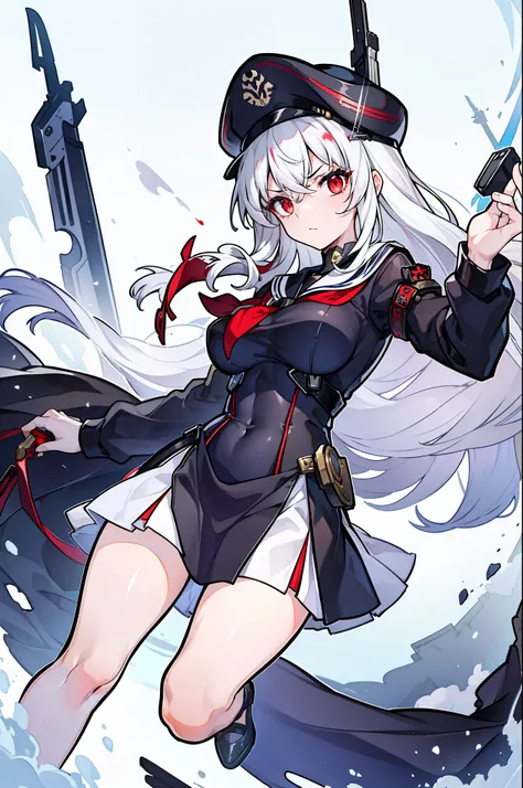 (masterpiece), best quality, expressive eyes, perfect face, 1girl, solo, medium height, young adult, young woman, big boobs, (long hair, white hair, side locks, bangs, wavy hair), (red eyes, death glare, serious, menacing, leadership aura, glowing eye), ol...
