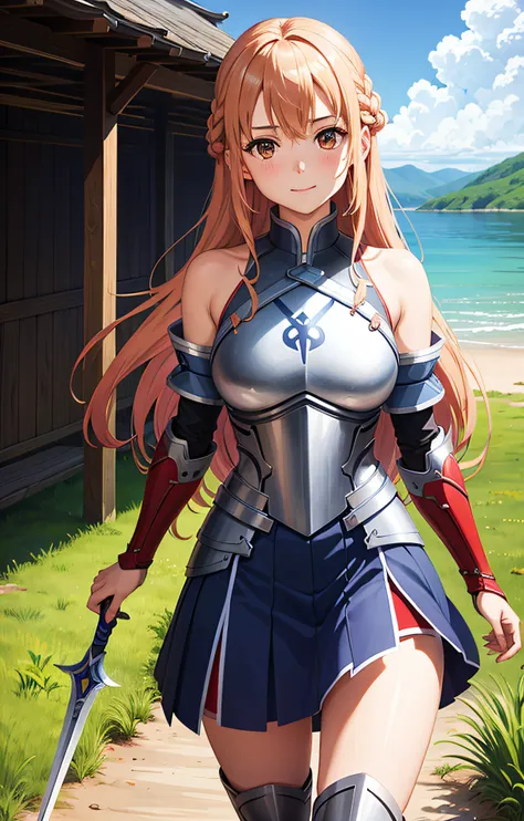 1girl in, s armor, asuna_\(sao\), bangss, bare_shoulders, blue_sky, red blush, boots, braids, breastplates, breastplates, breast...