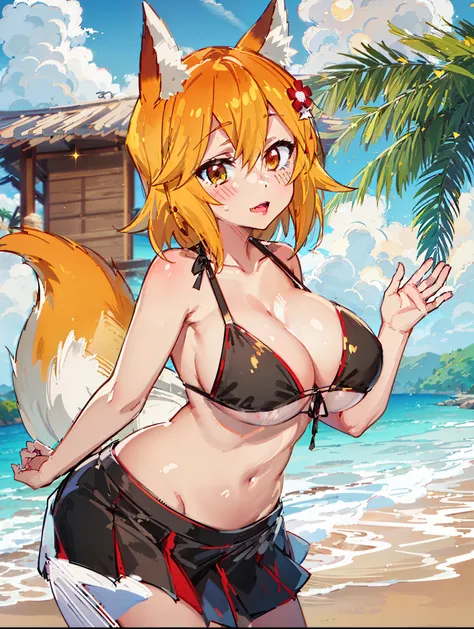 make a character artwork, senko-san, umbigo exposto, barriga exposta, seios muito grandes, na praia, wearing a black bra, coxas ...