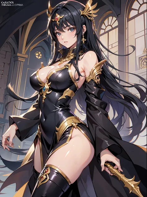 Female Saint Seiya,cabellos largos dorados,Black holy robe,black thigh boots