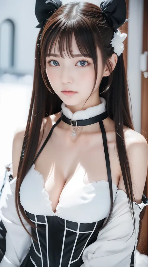 perfect figure beautiful woman：1.4，layered hair style，protruding cleavage，snow 2d costume：1.5，highly detailed face and skin text...